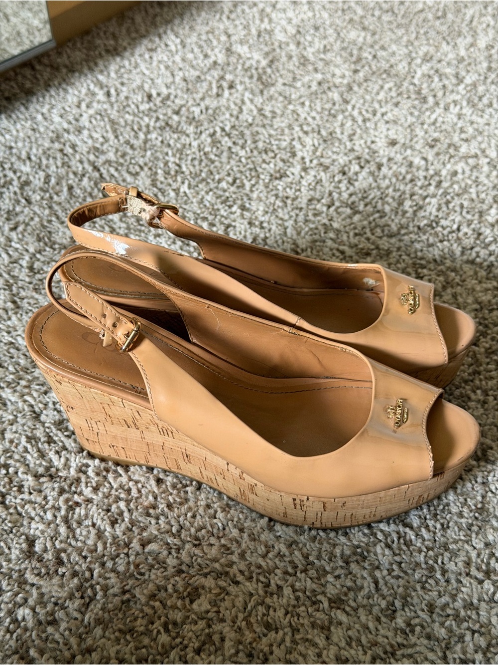 Coach Nude/Tan Leather Cork Peep-Toe Wedge Slingbacks